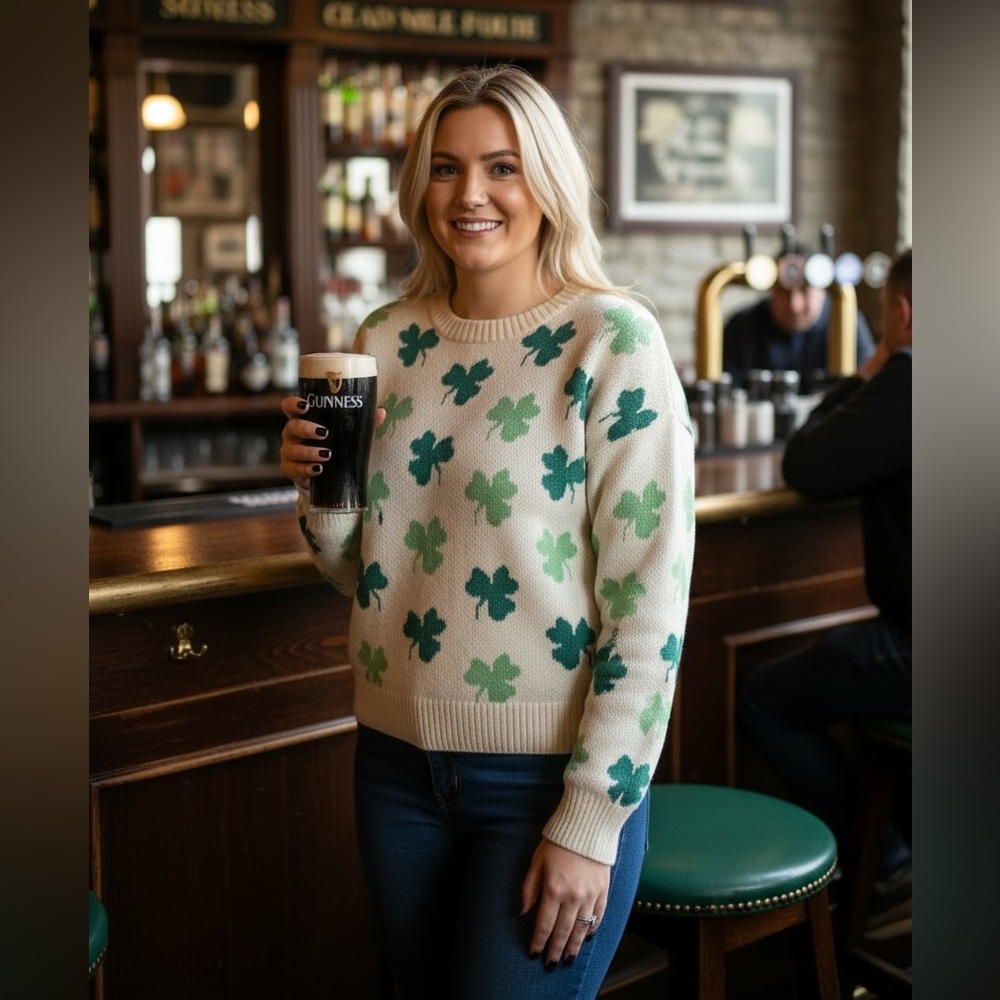 Guinness Cream Crewneck Sweater with Green Shamrock Motif